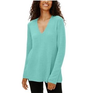 $258 NWT EILEEN FISHER Super Fine Merino Wool V Neck Tunic Sweater Small Green